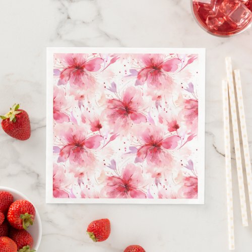 Watercolor Red Pink Flowers Spring Floral Pattern  Paper Dinner Napkins