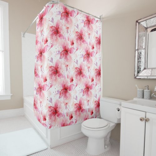 Watercolor Red Pink Flowers Spring Floral Pattern  Shower Curtain