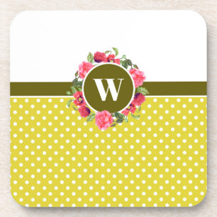 Watercolor Red & Pink Flowers Wreath Polka Dots Beverage Coaster