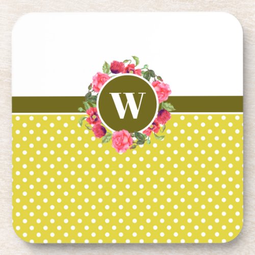 Watercolor Red  Pink Flowers Wreath Polka Dots Beverage Coaster