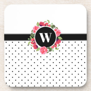 Watercolor Red & Pink Flowers Wreath Polka Dots Beverage Coaster