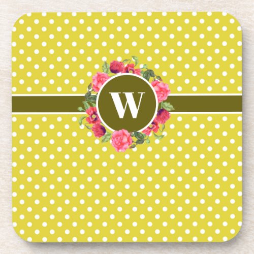 Watercolor Red  Pink Flowers Wreath Polka Dots Beverage Coaster