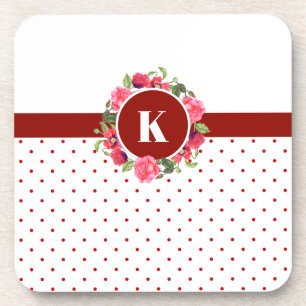 Watercolor Red & Pink Flowers Wreath Polka Dots Beverage Coaster