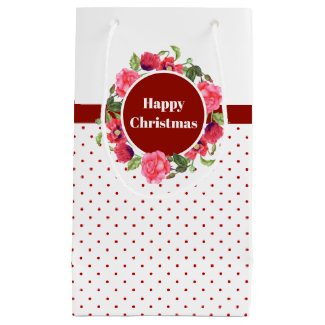 Watercolor Red & Pink Flowers Wreath Polka Dots Small Gift Bag