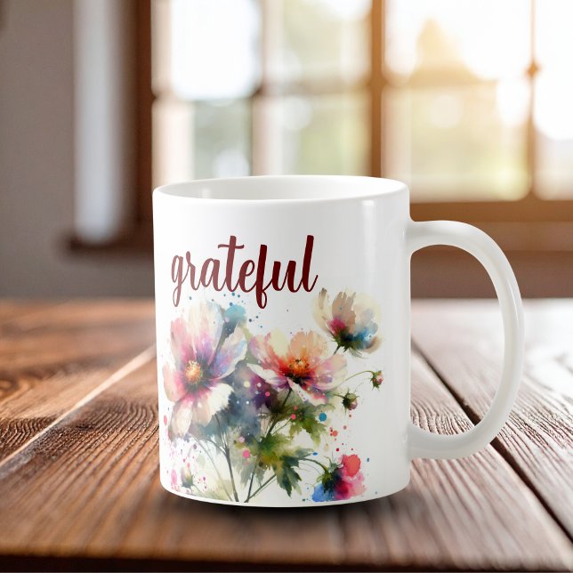 Watercolor Red & Pink ''Grateful '' Typography Coffee Mug (Floral And Script' Grateful')