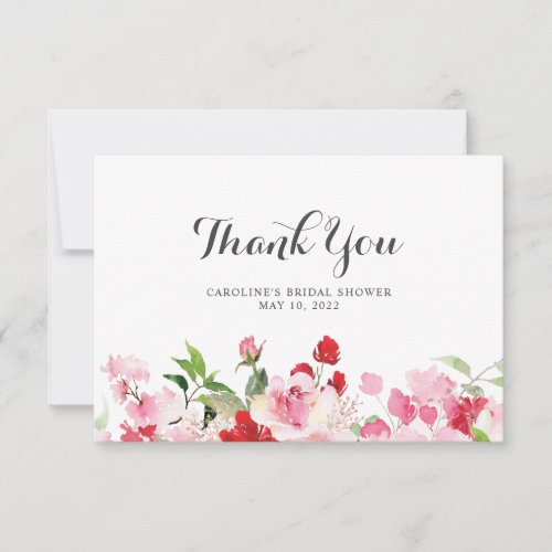Watercolor Red Pink Roses Bridal Shower Thank You Card