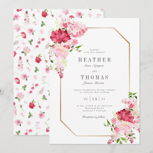 Watercolor Red Pink Roses Gold Frame Wedding Invitation (Front/Back)