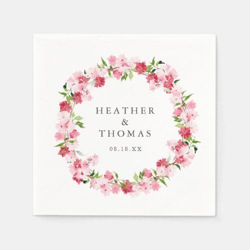 Watercolor Red Pink Roses Wreath Names Wedding Napkins