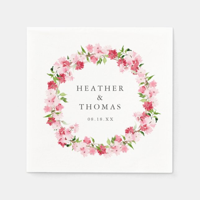 Watercolor Red Pink Roses Wreath Names Wedding Napkins (Front)