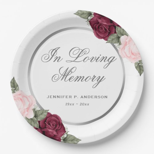 Watercolor Red Pink Silver Floral Memorial Funeral Paper Plates