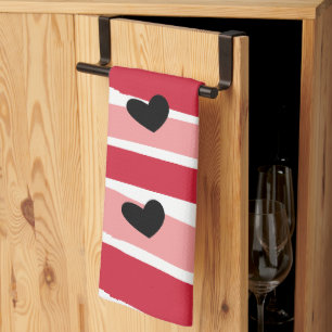 Watercolor Red Pink Stripes Black Hearts Pattern Kitchen Towel