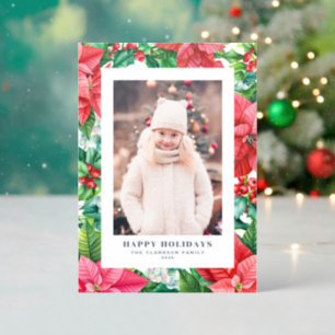 Watercolor Red Poinsettia and Holly Christmas Letterpress Photo Cards