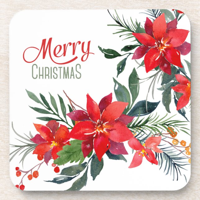 Watercolor Red Poinsettia Bouquet Christmas Beverage Coaster (Front)