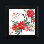 Watercolor Red Poinsettia Bouquet Christmas Gift Box<br><div class="desc">A pretty watercolor image of red poinsettia blossom bouquets, with soft green leaves and red and gold berries, is the feature on this decorative Holiday gift box. The stylized text above the image says "MERRY Christmas". Everything is placed on a white background. Pretty for your Holiday decor or to give...</div>