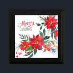 Watercolor Red Poinsettia Bouquet Christmas Gift Box<br><div class="desc">A pretty watercolor image of red poinsettia blossom bouquets, with soft green leaves and red and gold berries, is the feature on this decorative Holiday gift box. The stylized text above the image says "MERRY Christmas". Everything is placed on a white background. Pretty for your Holiday decor or to give...</div>