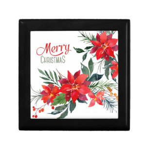 Watercolor Red Poinsettia Bouquet Christmas Gift Box