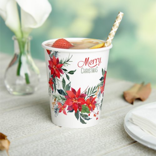 Watercolor Red Poinsettia Bouquet Christmas  Paper Cups