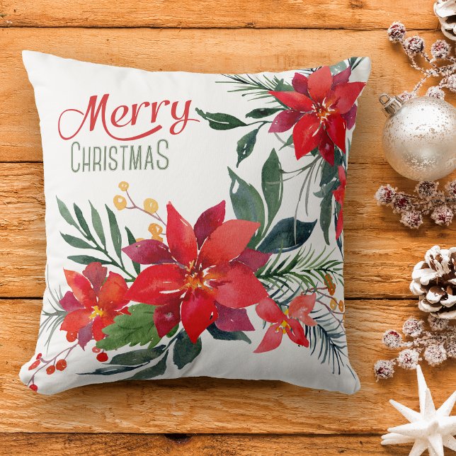 Watercolor Red Poinsettia Bouquet Christmas Throw Pillow (Creator Uploaded)