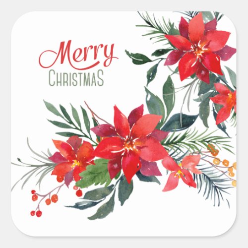 Watercolor Red Poinsettia Bouquet Holiday  Square Sticker