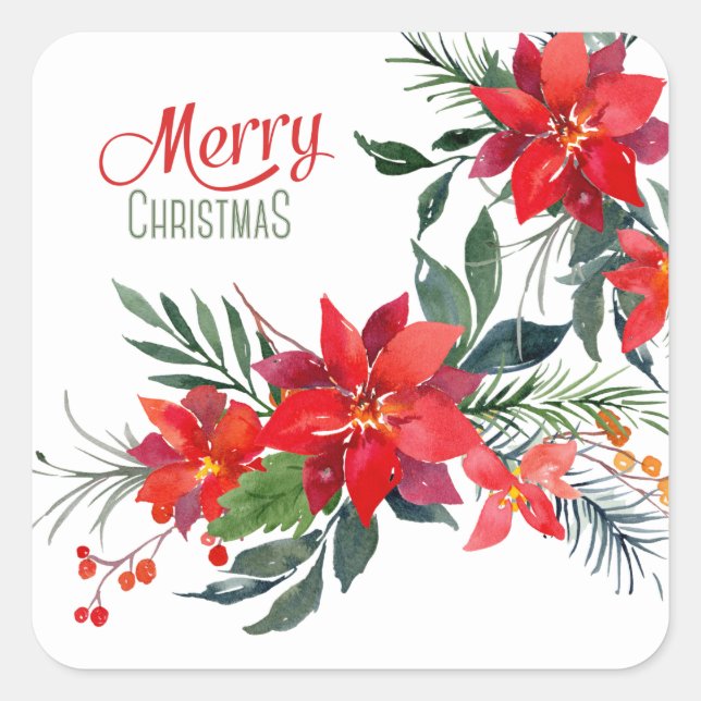 Watercolor Red Poinsettia Bouquet Holiday  Square Sticker (Front)