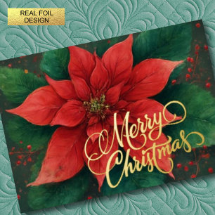 Watercolor Red Poinsettia Christmas Foil Holiday Card