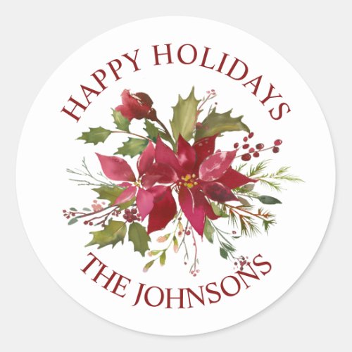 Watercolor Red Poinsettia Christmas Happy Holidays Classic Round Sticker