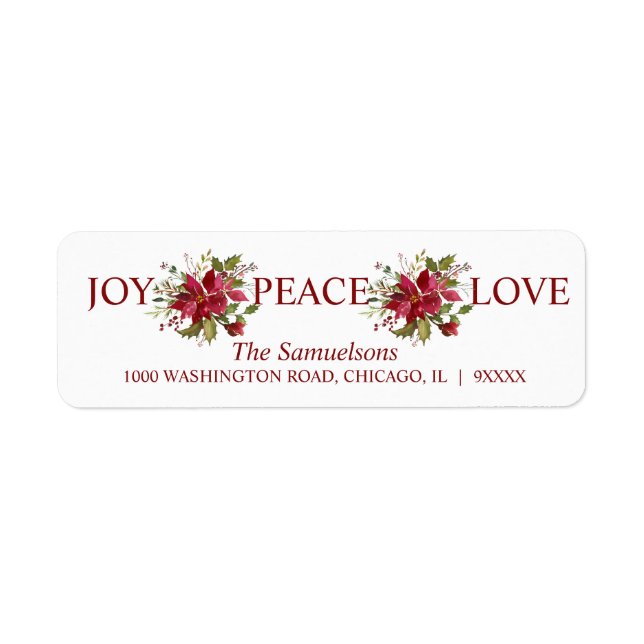 Watercolor Red Poinsettia Christmas JOY PEACE LOVE Label (Front)