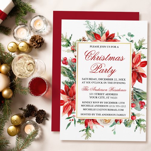 Watercolor Red Poinsettia Floral Christmas Party Invitation