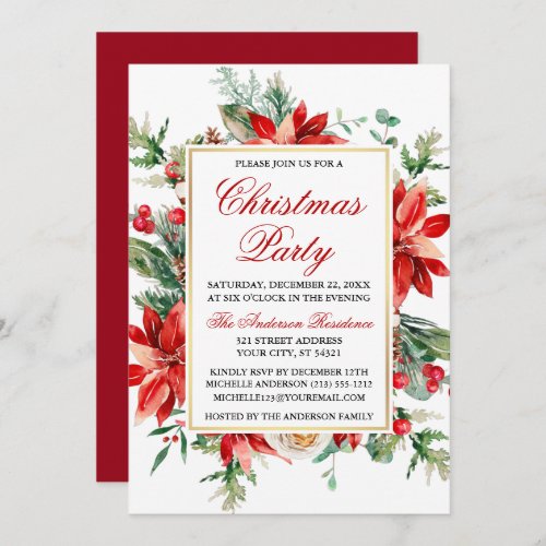 Watercolor Red Poinsettia Floral Christmas Party Invitation