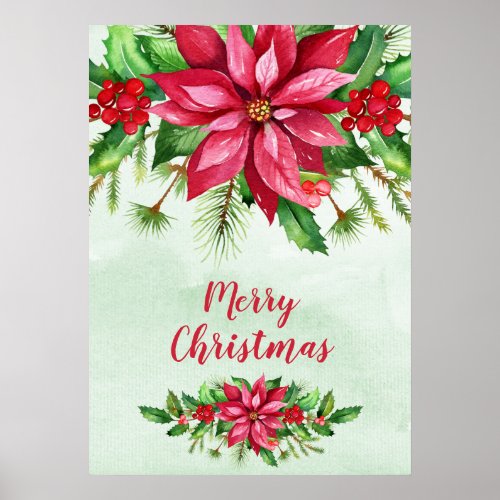 Watercolor Red Poinsettia Floral Christmas Poster