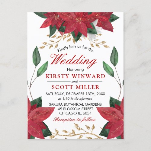 Watercolor Red Poinsettia Floral Christmas Wedding Postcard