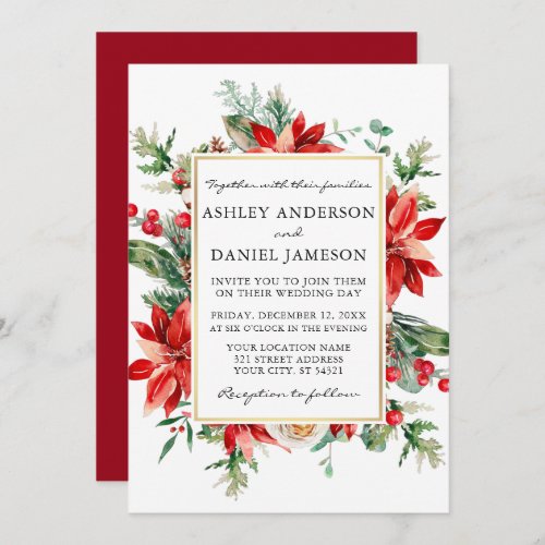 Watercolor Red Poinsettia Floral Greenery Wedding Invitation