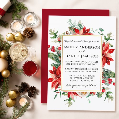 Watercolor Red Poinsettia Floral Greenery Wedding Invitation