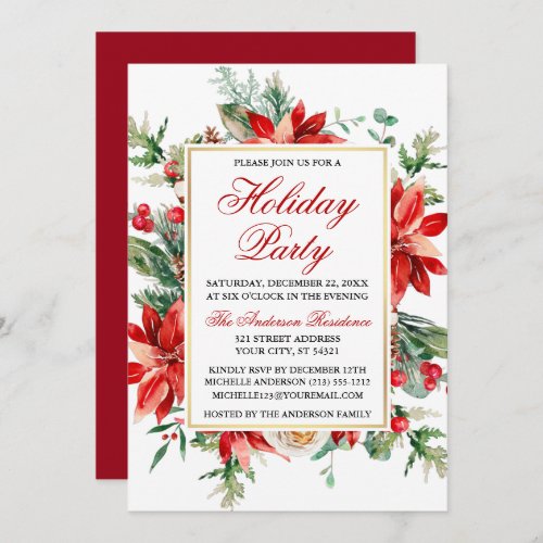 Watercolor Red Poinsettia Floral Holiday Party Invitation