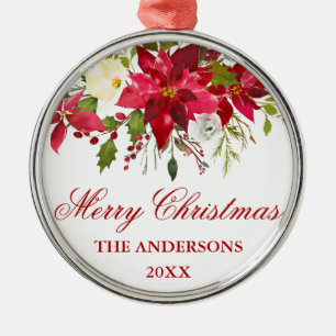 Watercolor Red Poinsettia Floral Personalized Metal Ornament