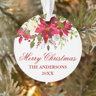 Watercolor Red Poinsettia Floral Personalized Ornament