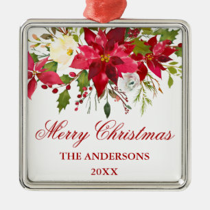 Watercolor Red Poinsettia Floral Square Metal Ornament