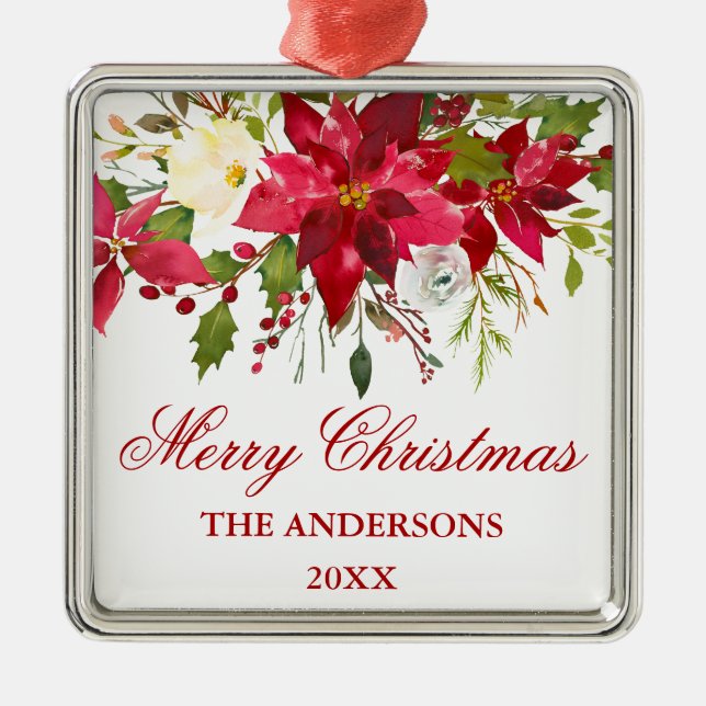 Watercolor Red Poinsettia Floral Square Metal Ornament (Front)