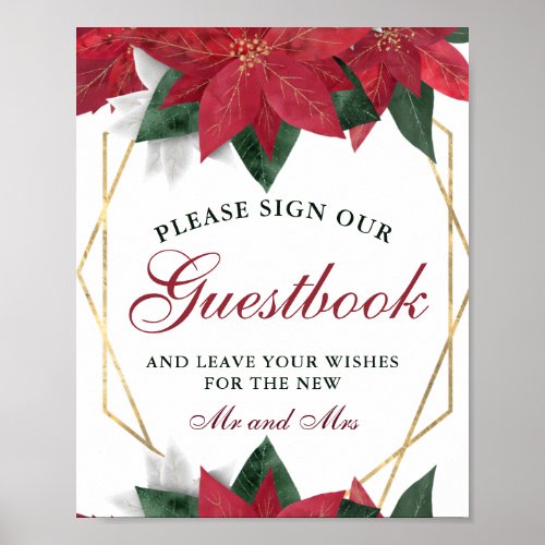 Watercolor Red Poinsettia Floral Wedding Guestbook