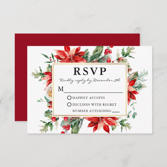 Watercolor Red Poinsettia Floral Wedding RSVP (Front/Back)