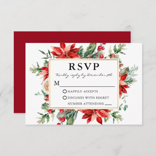 Watercolor Red Poinsettia Floral Wedding RSVP