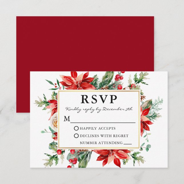 Watercolor Red Poinsettia Floral Wedding RSVP Card (Front/Back)