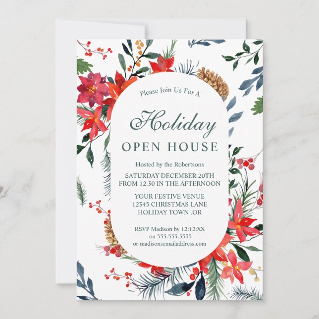 Watercolor Red Poinsettia Holiday Open House  Invitation (Front)