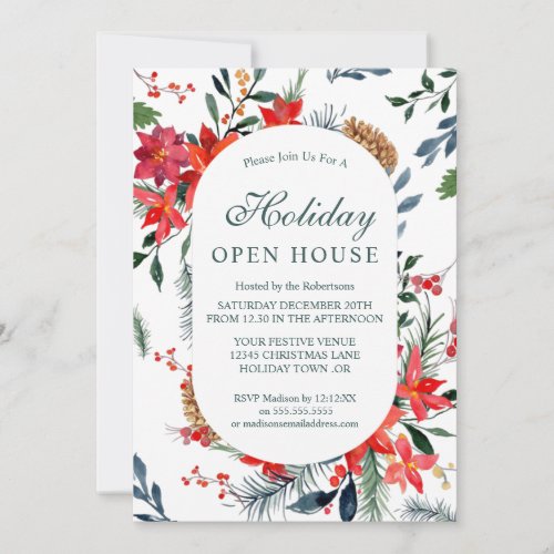 Watercolor Red Poinsettia Holiday Open House  Invitation