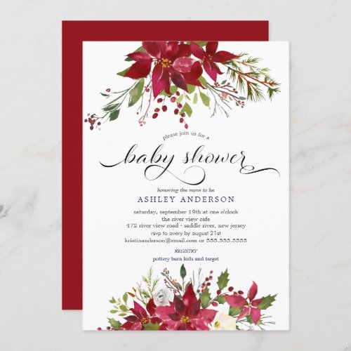 Watercolor Red Poinsettia Holly Baby Shower Invitation