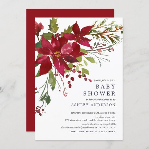 Watercolor Red Poinsettia Holly Baby Shower Invitation