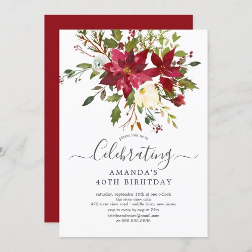 Watercolor Red Poinsettia Holly Birthday Party Invitation