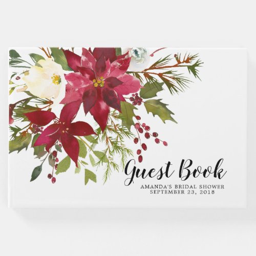 Watercolor Red Poinsettia Holly Bridal Shower Guest Book