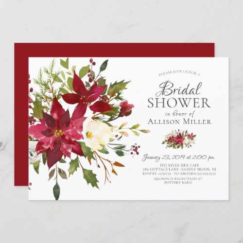 Watercolor Red Poinsettia Holly Bridal Shower Invitation