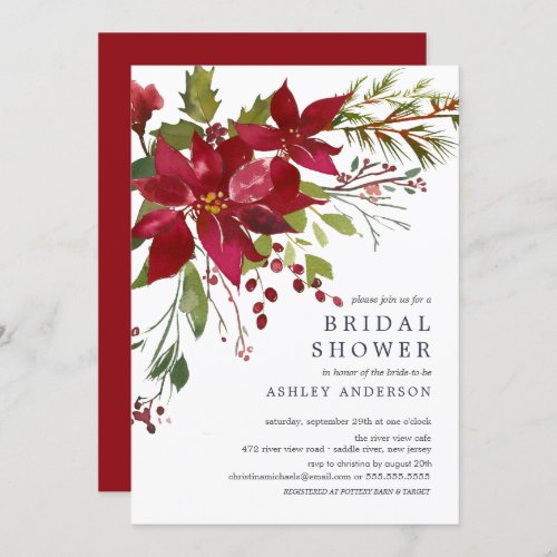 Watercolor Red Poinsettia Holly Bridal Shower Invitation